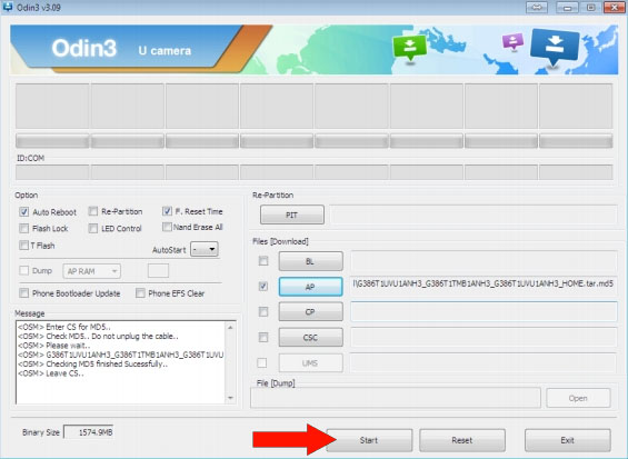 Odin press start to upgrade Samsung SM-G386T to MetroPCS Firmware