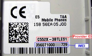 Alcatel Label/Sticker showing Provider ID & IMEI 